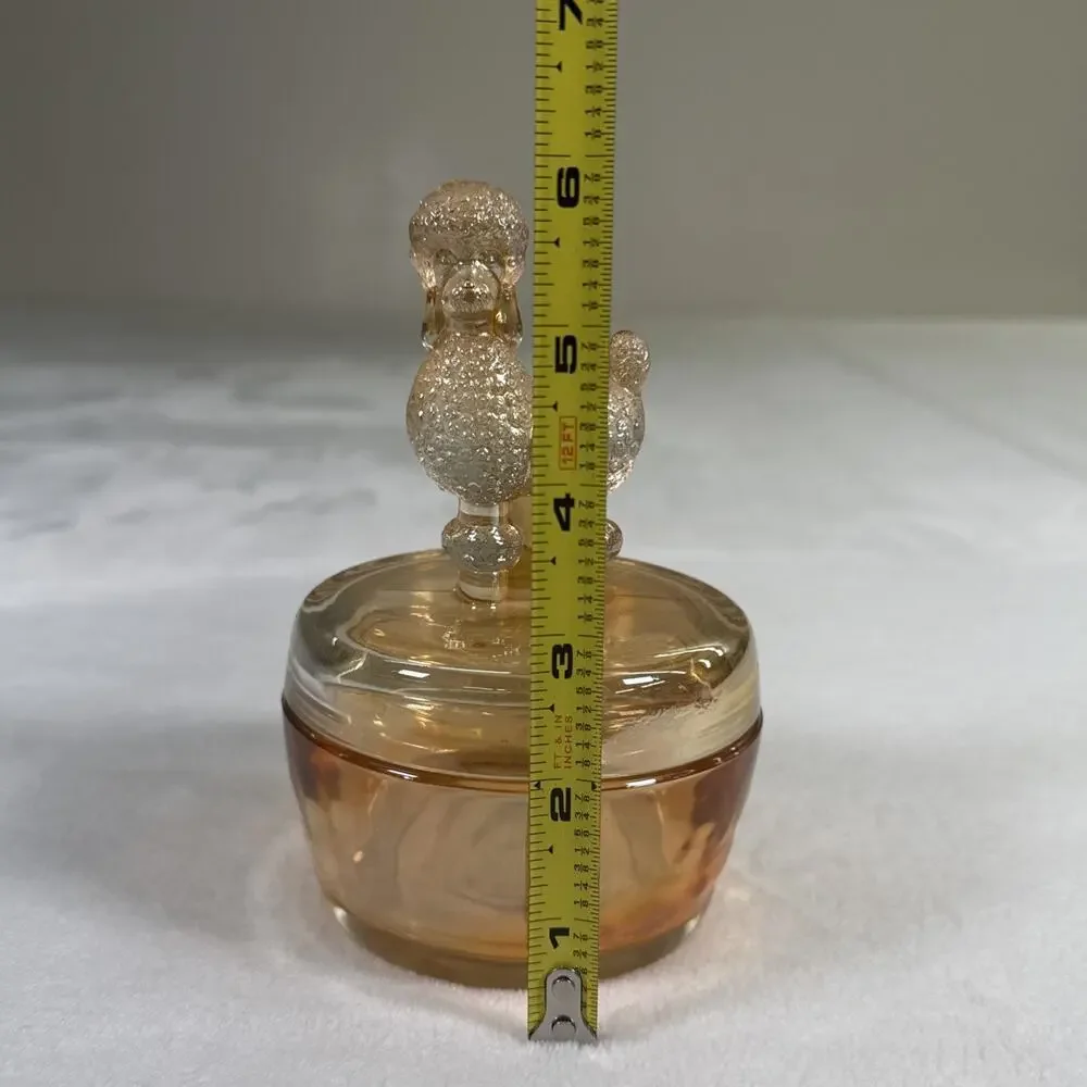 Vintage Jeanette Glass Iridescent Peach Lustre Poodle Dresser Box 6 1/2